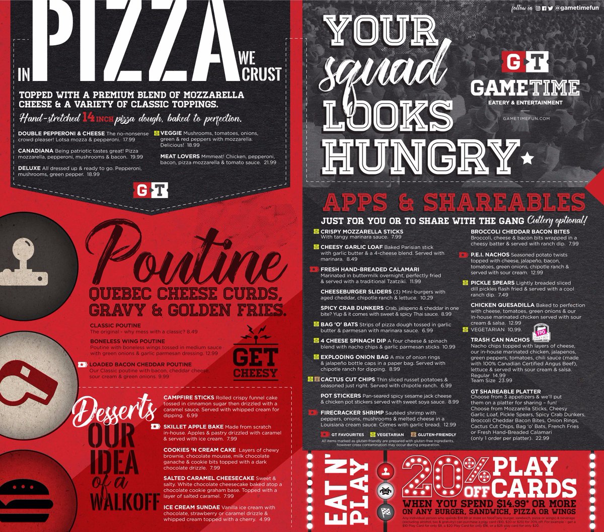 Gametime_Fun's tweet image. Take a peak at our new menu 👀Our all-time favs and some soon-to-be favs! #ItsGameTime 🍔🍗🥗🍕🍨🙌