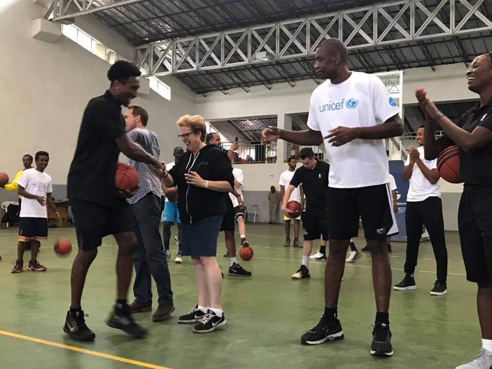 CarylStern's tweet photo. On the court for basketball clinics with the @NBA. It may be "new" to Ethiopia but the spirit shows it will be a big hit! @officialmutombo https://t.co/J4JTkBTOYJ