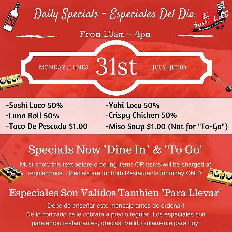 elsushiloco's tweet photo. Join us today for #sushiloco specials 😊🍽 bring the family to any of our two locations #lapuente or #Downey 😊🍽🍴🍤🌶🎉🍻🔥🍋💦 https://t.co/R1vvpJF2dI