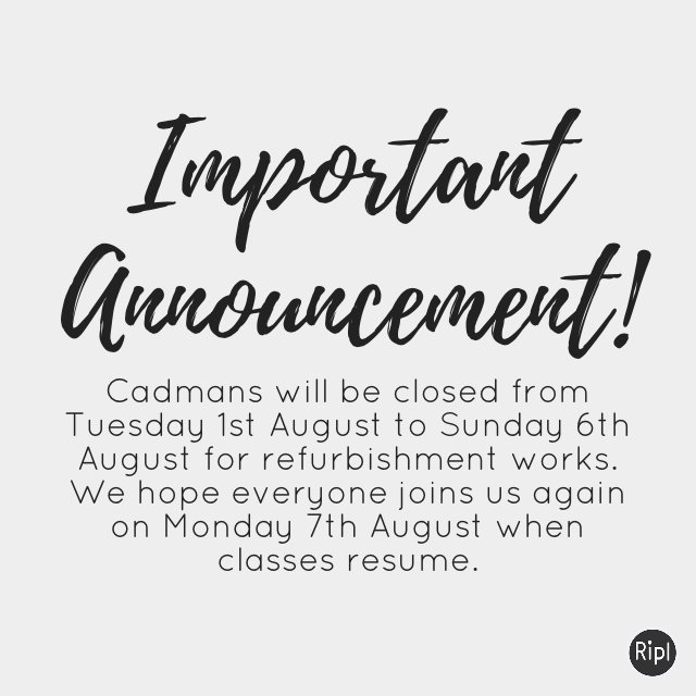 cadmans_dance's tweet photo. Reminder!! We are closed from tomorrow 😀 #Cadmans #refurbishment #studiodevelopment via https://t.co/LWtDsBoh8f https://t.co/4V7UHqvJH4