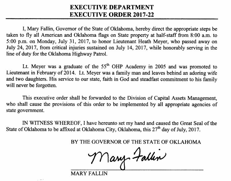 GovMaryFallin's tweet image. Flags will be flown at half staff today for Lt. Heath Meyer who passed away from injuries while in the line of duty. We honor your sacrifice