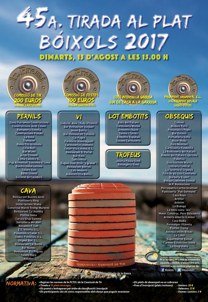 Boixols01's tweet photo. Us deixem el programa del tir!  #tiralplat #campdetir #pallarsjussa #boixols #AltUrgell #pernil #cava #vi  #lotsembotits #trofeus #obsequis https://t.co/sFkiPStidT