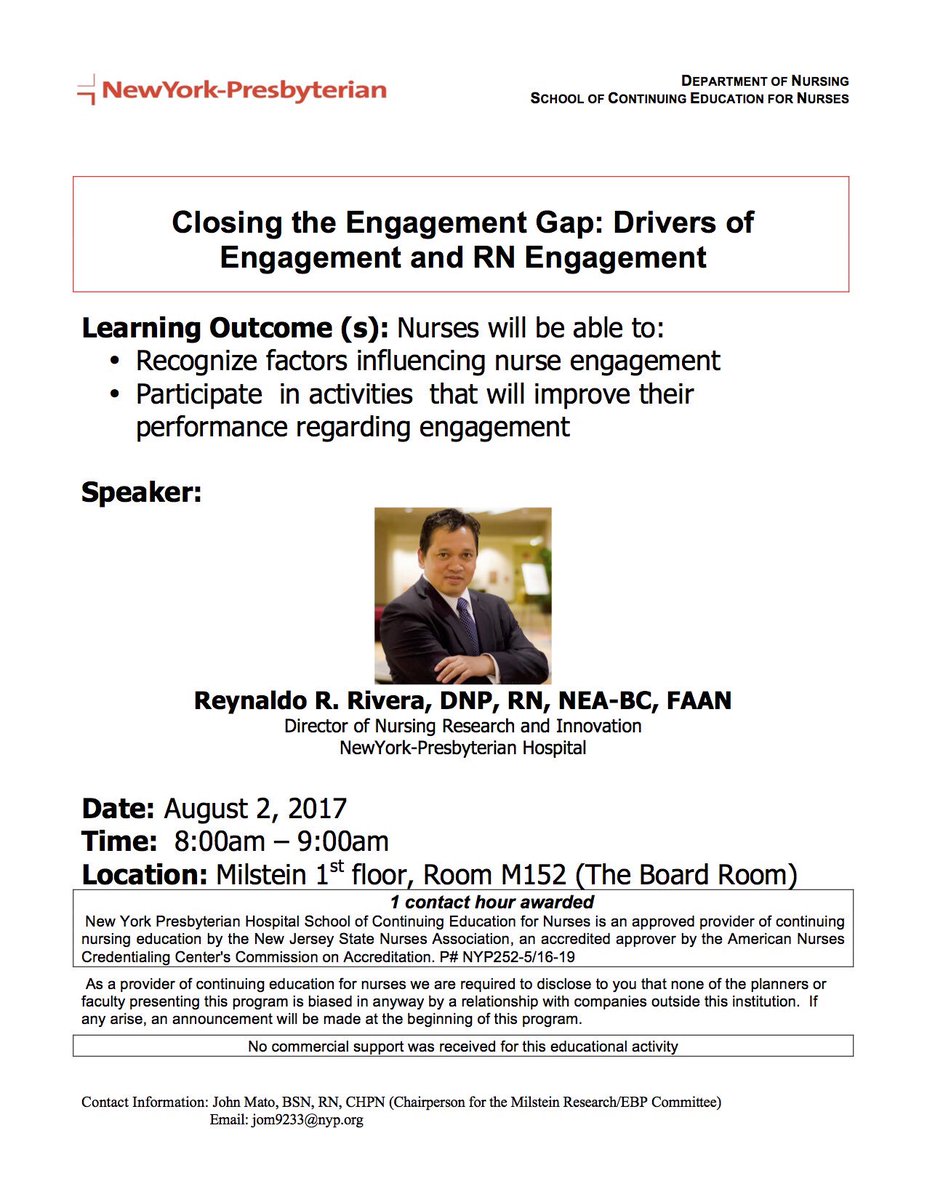 RNResearch_NYP's tweet photo. Join us this Wed at 8am in Milstein 152 as @ReyRRivera1 discusses #NurseEngagement! #EBPRocks @mato_john @fljoanie @HeadRNColumbia @MurseJJ https://t.co/KRHWyu7ZUD