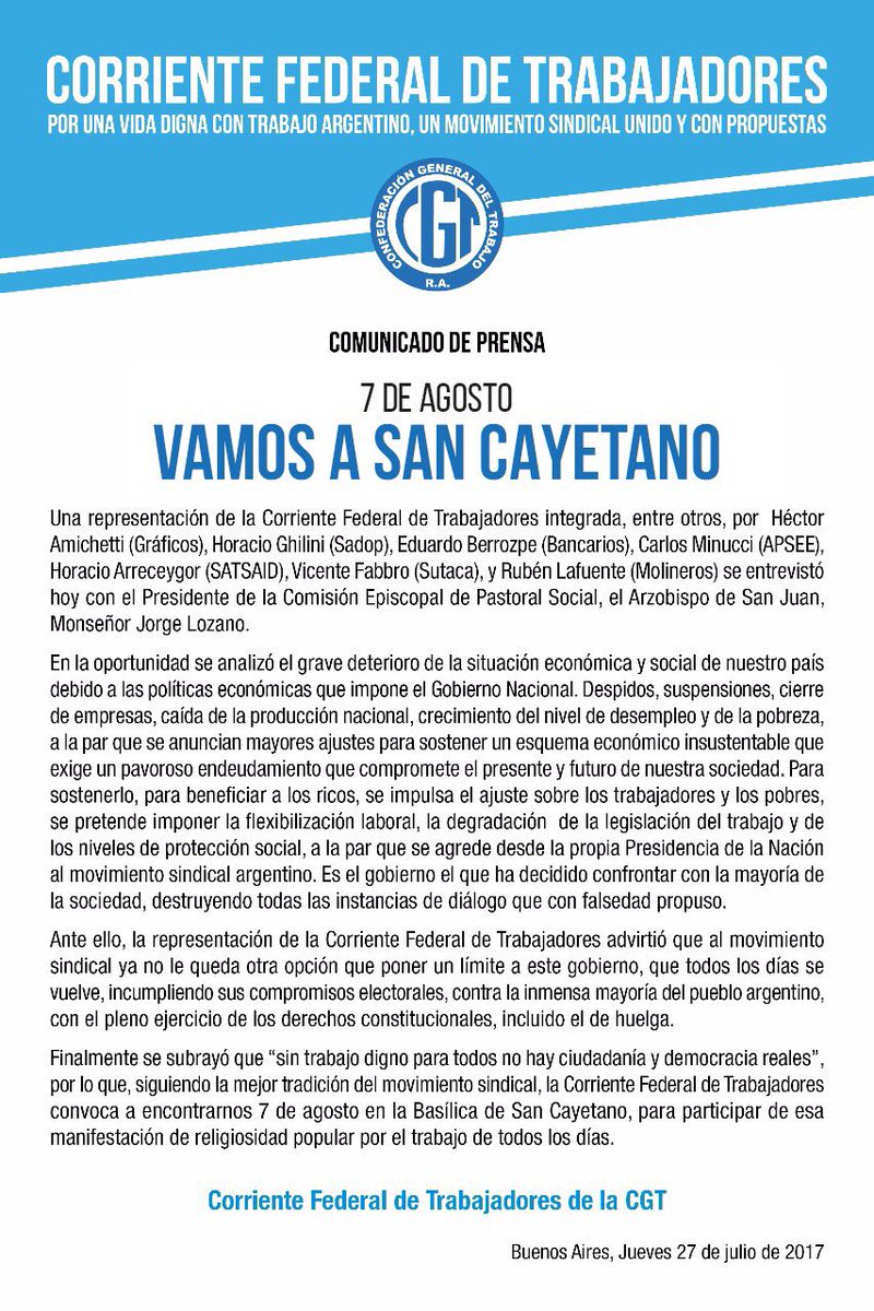 Gremios enrolados en la <a href="/CFTArgentina/">La Corriente Federal</a> se movilizan el #A7 a #SanCayetano