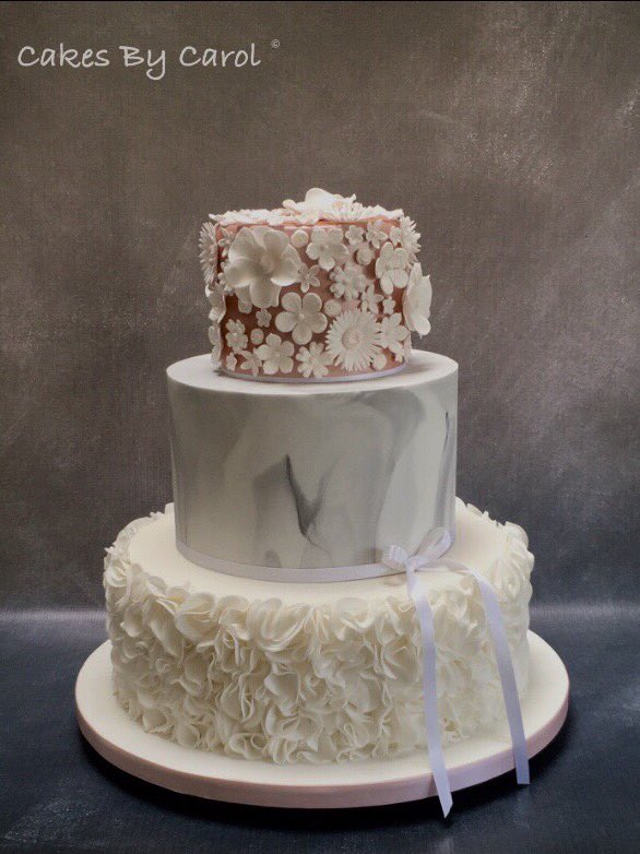 Delivered this Display cake to the stunning venue <a href="/BassmeadManor/">Bassmead Manor Barns</a>  beautiful white soft  #Ruffles with a light #grey marble and #rose gold