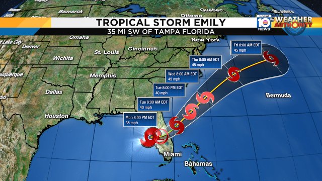 Here is the new forecast cone, as Emily is approaching the mouth of Tampa Bay. Watch Meteorologist Julie Durda https://t.co/1HGBTSARJ3