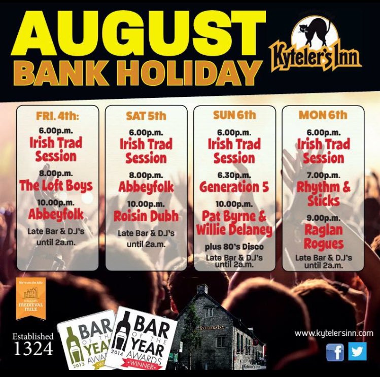kytelers's tweet photo. August Bank holiday line up @kytelers #music #Ireland #kilkenny https://t.co/0y85PQe3V5