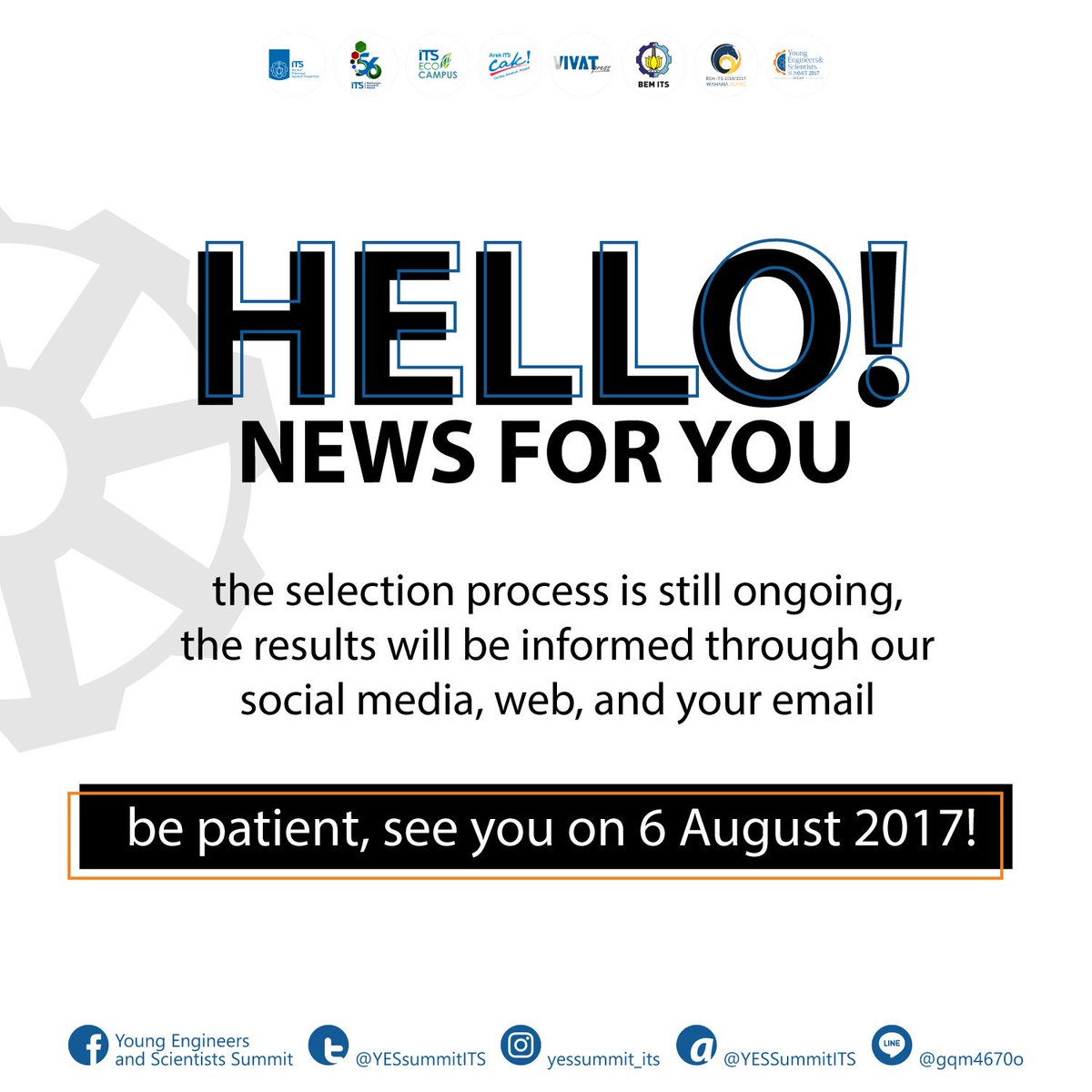 [ IN PROGRESS]

The selection process is still ongoing.
Good luck and see you on August 6th 2017!