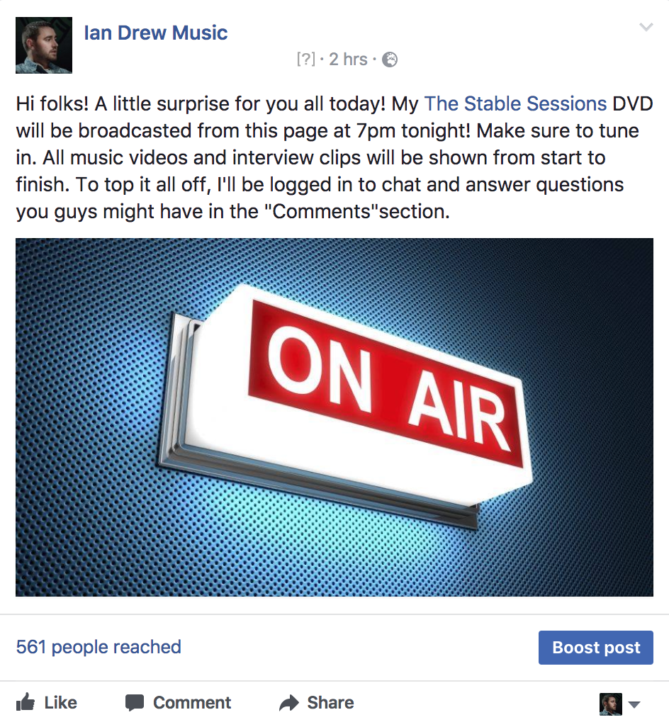 IanDrewMusic's tweet photo. My @stablesession DVD will be broadcast tonight on my facebook page! Tune in at 7pm! https://t.co/AiVlO4pgYu https://t.co/o3srAbyO3H