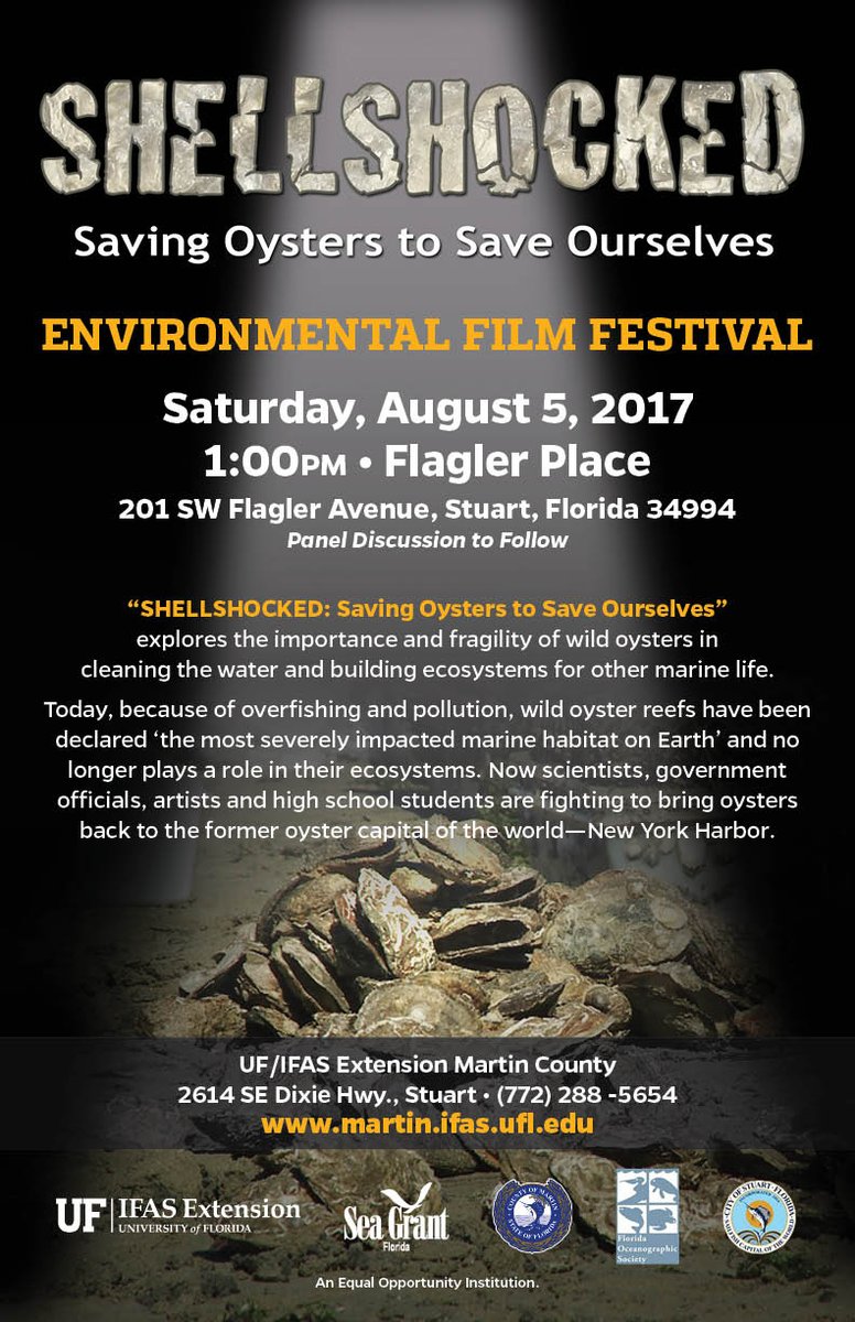 FloridaSeaGrant's tweet image. RT @UF_IFAS: 8/5 come to  Martin County's showing of "Shellshocked: Saving Oysters to Save Ourselves."