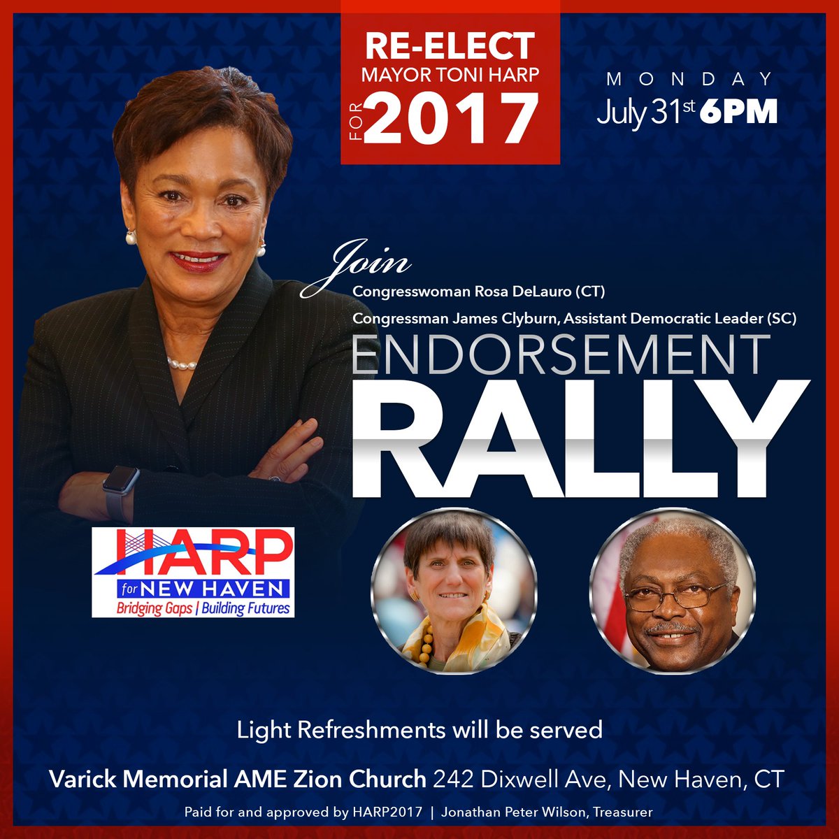 Mayor Toni Harp (@toninharp) on Twitter photo At 6pm Mayor Toni Harp, Rep. Rosa DeLauro and Rep. James Clyburn will attend an endorsement rally at 242 Dixwell Ave in New Haven, CT. At 6pm Mayor Toni Harp, Rep. Rosa DeLauro and Rep. James Clyburn will attend an endorsement rally at 242 Dixwell Ave in New Haven, CT.