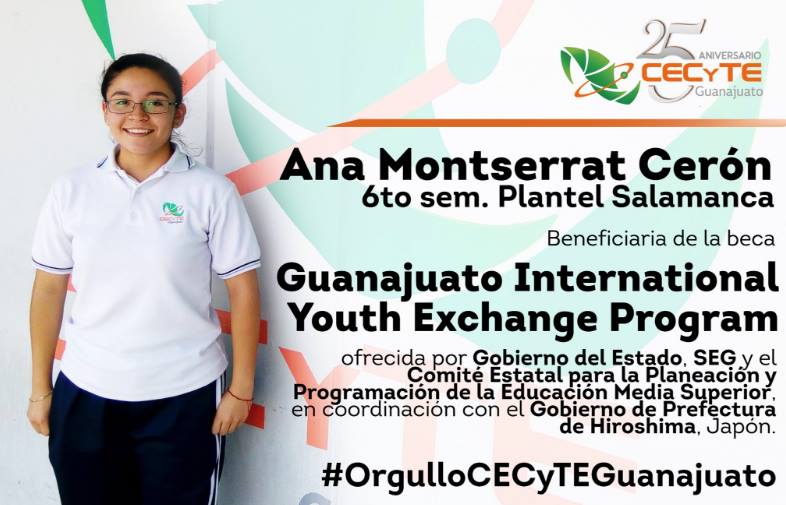 CECYTEG_Oficial's tweet photo. Alumna del @CECyTESala007 participa en el Guanajuato International Youth Exchange Program mismo que la llevará a conocer #Hiroshima #Japon https://t.co/KJmzYkziWh