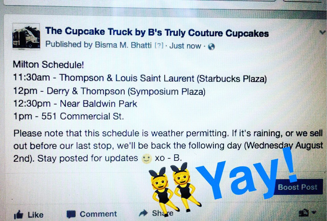 BTCCupcakeTruck's tweet photo. 📍Tomorrow's #MILTON schedule is up! #TheCupcakeTruck https://t.co/Aty6n378Ku