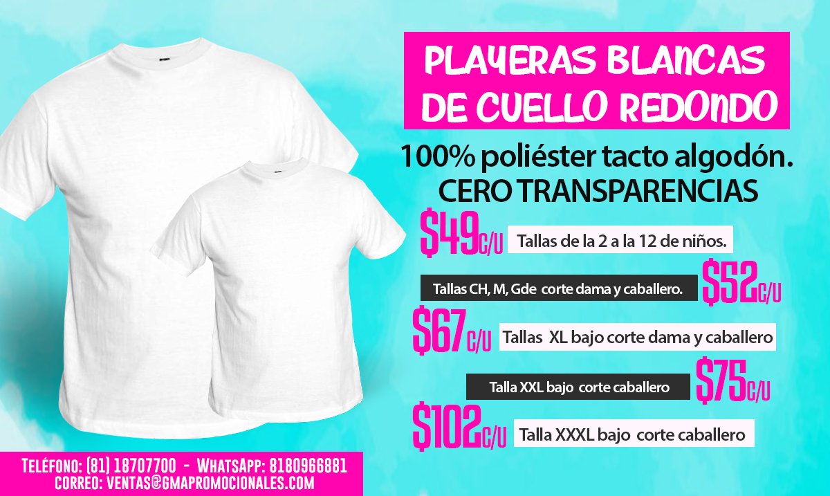 GMAPromo's tweet photo. #Playeras Blancas de cuello redondo.
100% poliéster tacto algodón.
ventas@gmapromocionales.com Telf: (81) 18 70 77 00 WhatsApp: 8180966881 https://t.co/MlVg7joj9U