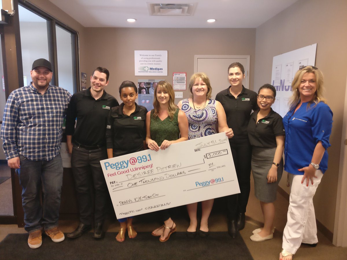 peggy991's tweet photo. @radiosamantha &amp; @mrTravisStewart  just stopped by to see Desiree at @MedigasMB to tell her she just won Peggy's 10K Turn On! #ShoppingSpree https://t.co/uVJF99eptt