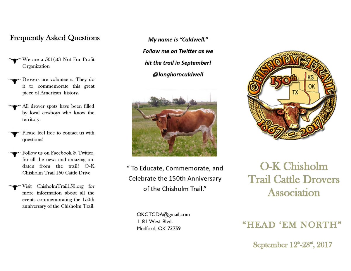 A longhorn named "Caldwell" will give the updates along the Chisholm Trail Cattle Drive in September!