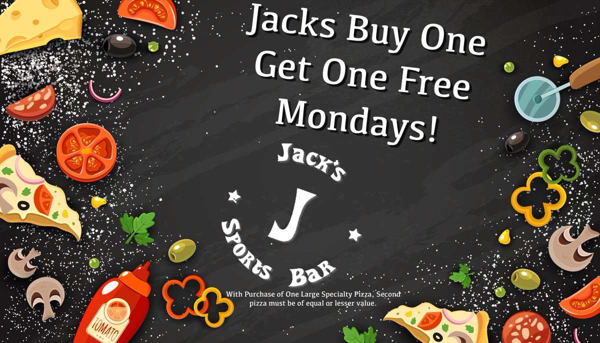 JacksPizzaCafe1's tweet photo. Jacks BoGo Mondays! Buy one Large Specialty Pizza and Get another one free! #jacks #yeg #deals #pizza #bogo #win https://t.co/LyF5PkAs0K