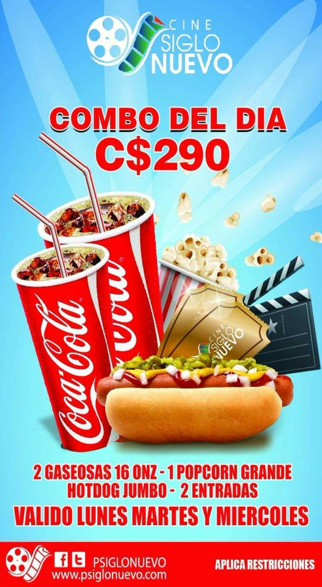cinesiglonuevo's tweet photo. #ComboDelDia en #CineSigloNuevo #León #Chinandega #Esteli y #LasBrisas #Managua.
Aprovéchalo de lunes a miércoles! https://t.co/WruKiZqWVK