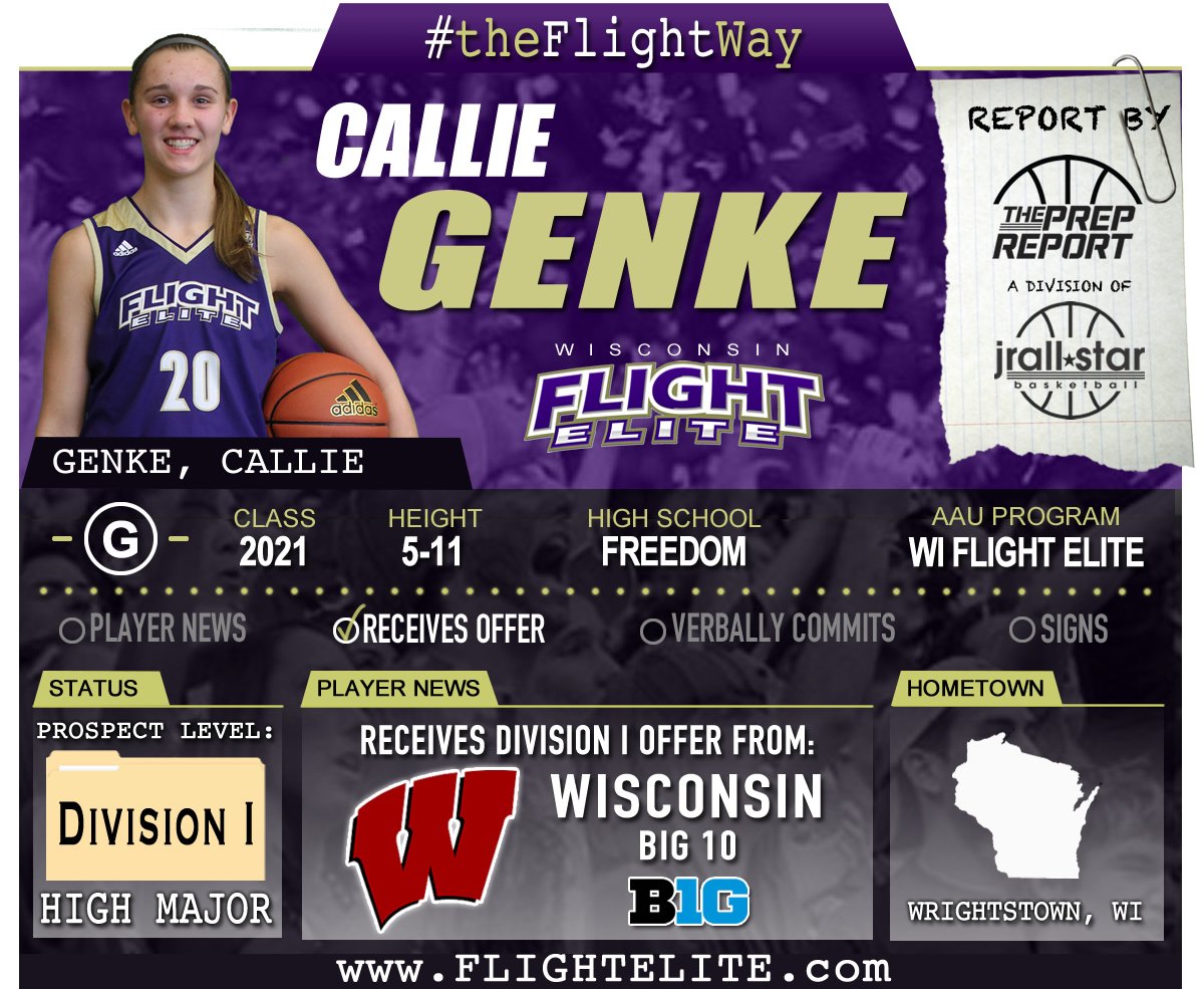 WiFlightElite's tweet photo. #theFlightFile: Callie Genke (5-11 G 2021) receives a B10 offer from Coach @BadgerCoachTsip and the Wisconsin Badgers! #theFlightWay https://t.co/3YMuUgS0S8