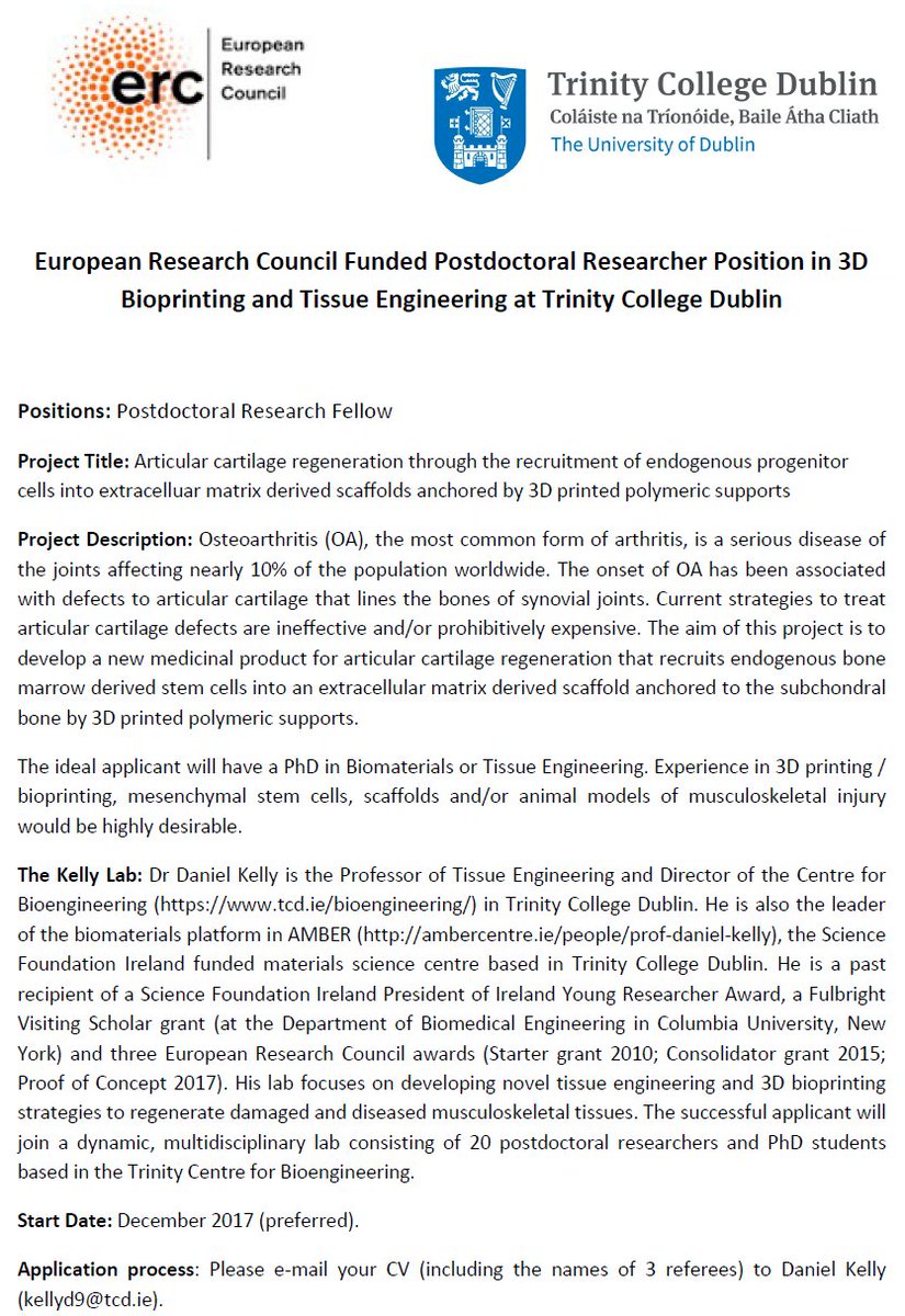 dannykelly1978's tweet photo. I have an opening for a postdoctoral researcher - Tissue Engineering / Biomaterials. Please RT and forward details to potential applicants https://t.co/XQJJ0o0gEK