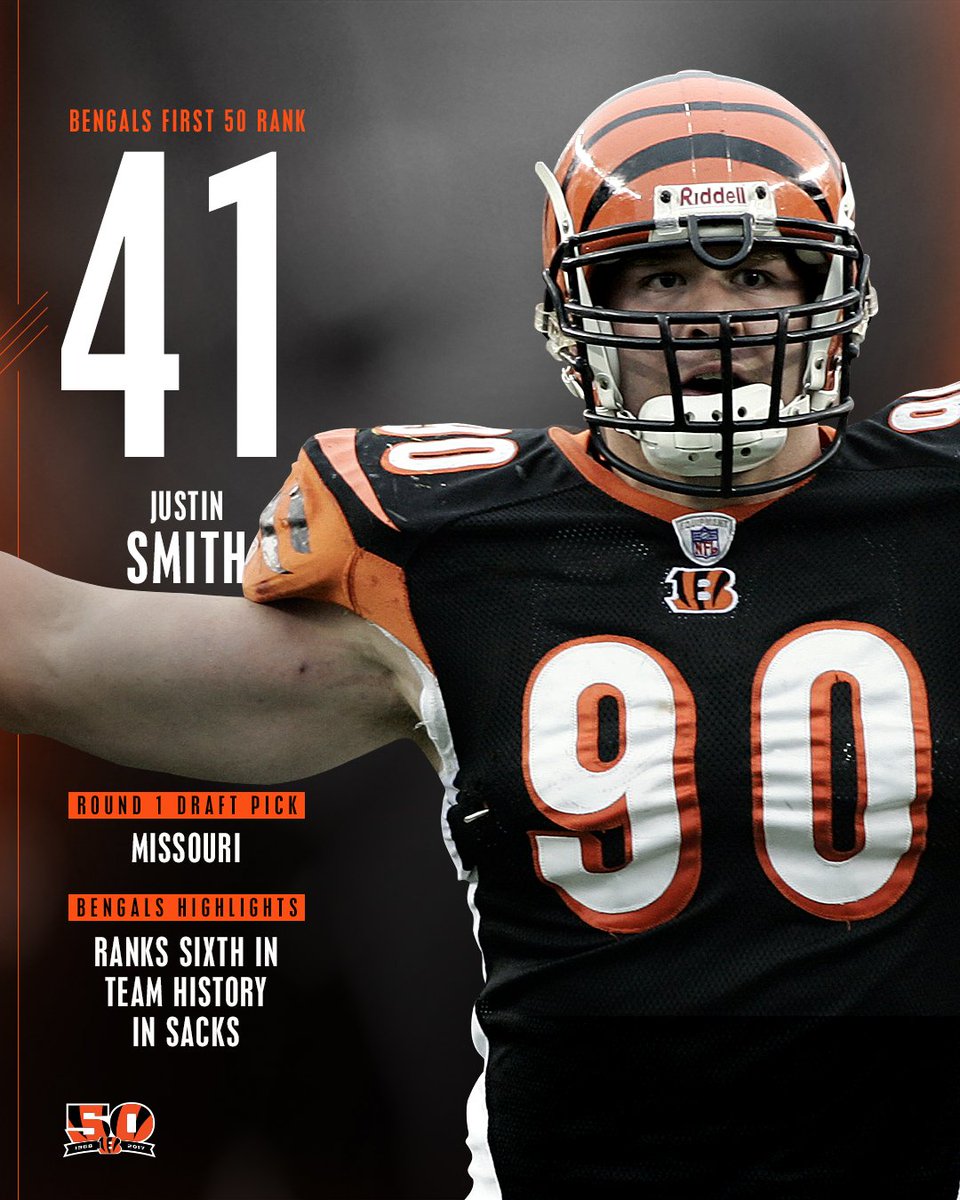 41 days until our 50th Season kickoffs at home!  Number 41 on the #Bengals First 50: Justin Smith  #Bengals50 https://t.co/1KpybICJTX