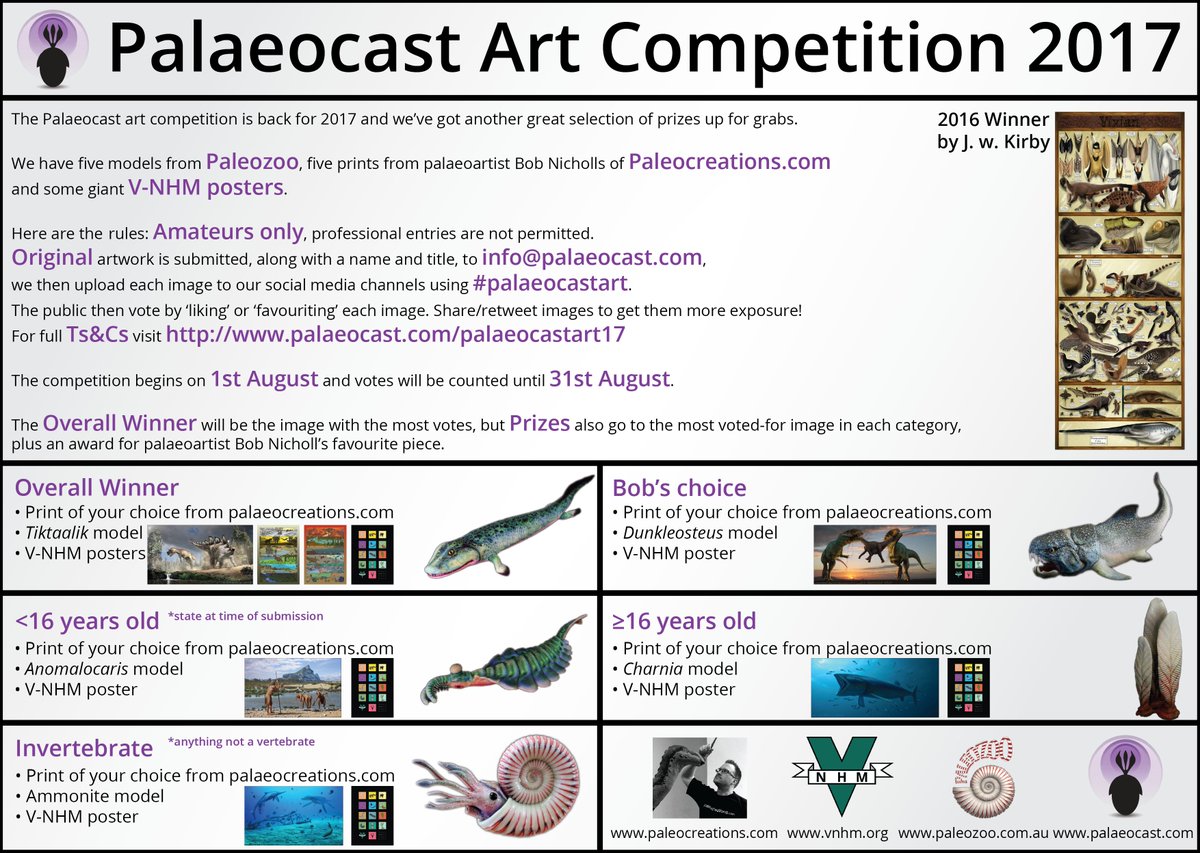 Palaeocast's tweet photo. The Palaeocast Art Competition 2017 is open &amp; will run all of August.
Use #palaeocastart to follow entries!
Rules:
https://t.co/6LFbH7m75W https://t.co/Ef9OY6Tp8b
