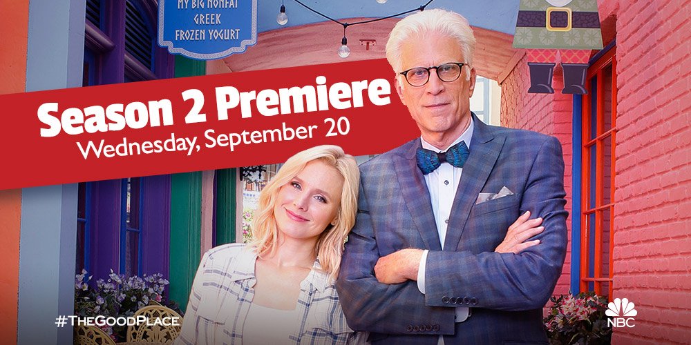 nbcthegoodplace's tweet photo. #TheGoodPlace kicks off with a special one-hour premiere Wednesday, September 20 at 10/9c before returning Thursdays at 8:30/7:30c on @NBC! https://t.co/SrQ1Vrjde9