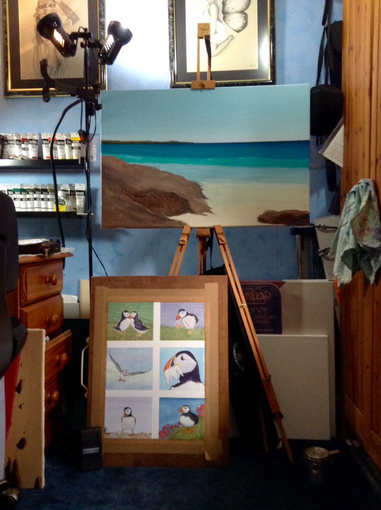 MargoMacRury's tweet photo. still in love with my #portablepainter I spent the day painting #puffins in stead of finishing the #sealbay #Barra braking wave painting https://t.co/rxuqGxepgg