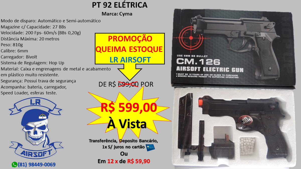 IgreenEnergy_PE's tweet photo. CÊ CREDITA??!! A LR TA LIMPANDO O ESTOQUE!! #AEP #Pistola #Desert #Eletrica #AirsoftBrasil #AirsoftPE #AirsoftRecife #Cyma #Glock #PT92 #USP https://t.co/DM8PHltmMc