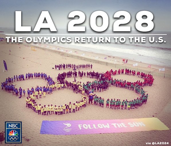 NBCOlympics's tweet photo. Los Angeles agrees to host 2028 Olympics after Paris in 2024: https://t.co/ZWR1neoLLw https://t.co/nDshW1VdKO