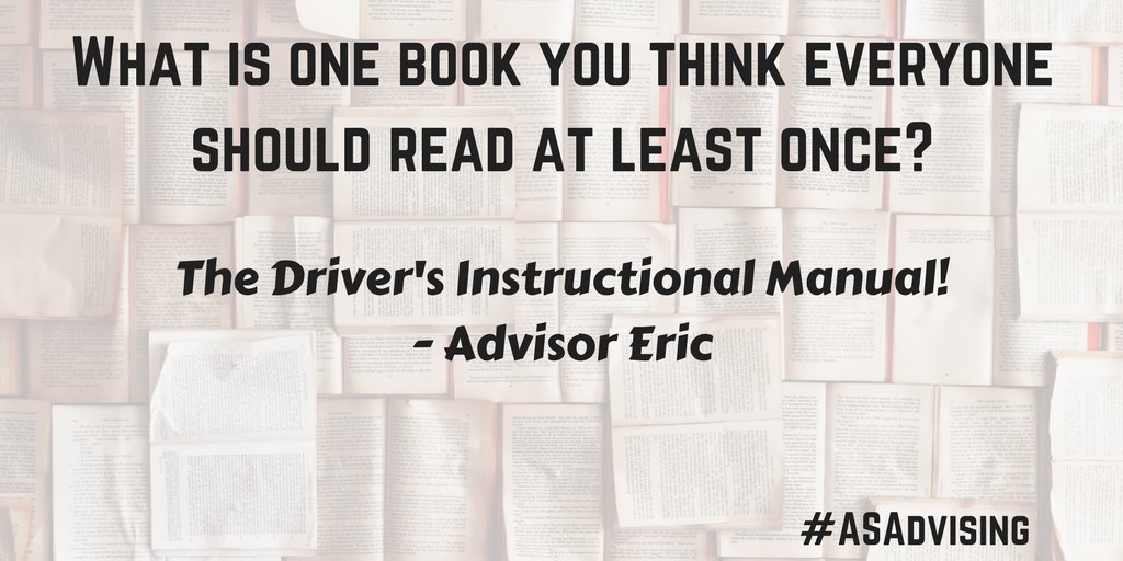 ASAdvising's tweet photo. Haha, Eric took the logical route with his #NationalBookLoversDay suggestion! #driving #ASAdvising https://t.co/hry7dwrnfl
