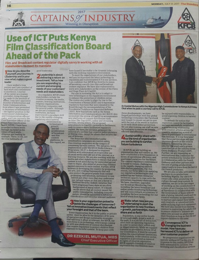 NyagakaNyakundi's tweet photo. @InfoKfcb featured prominently in the Captains of Industry pull out in the @StandardKenya today @UKenyatta #KFCBWinningInDisruption https://t.co/atp7jHYHLn