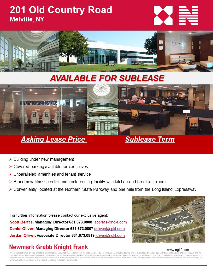 LongIslandCRE's tweet image. SUBLEASE in Melville. 9,022 RSF Avail. Term - 12/30/19 or longer. Contact Jordan Oliver 631.673.0819 or joliver@ngkf.com #CRE #LIBN