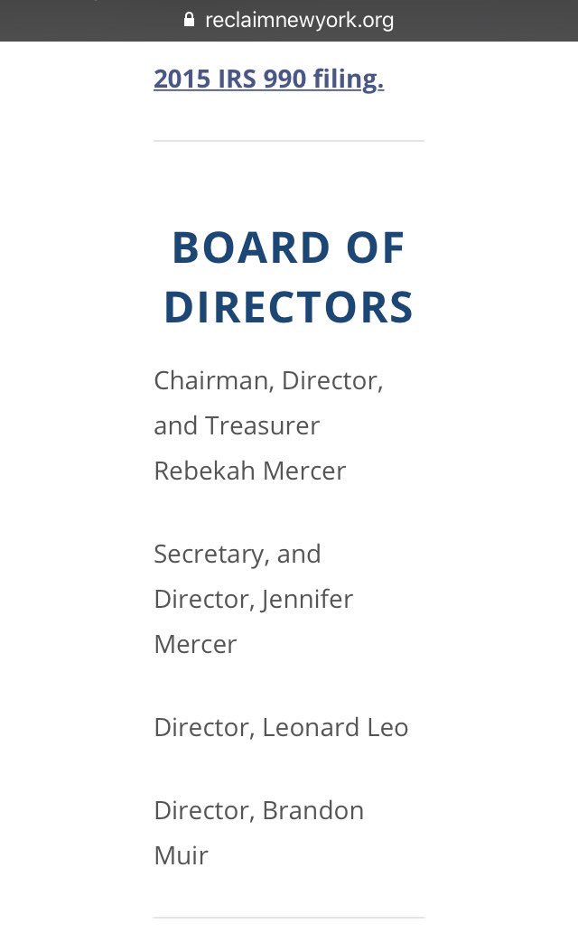 lovetogive2's tweet photo. @jennycohn1 @JamesGatzTrump "Brandon Muir is Exec Dir of #ReclaimNewYork" #RebekahMercer chairs board. Muir worked for the FBI & State Dept? 🤔https://t.co/sQjvE3VdzB https://t.co/SDSZqY9Kir
