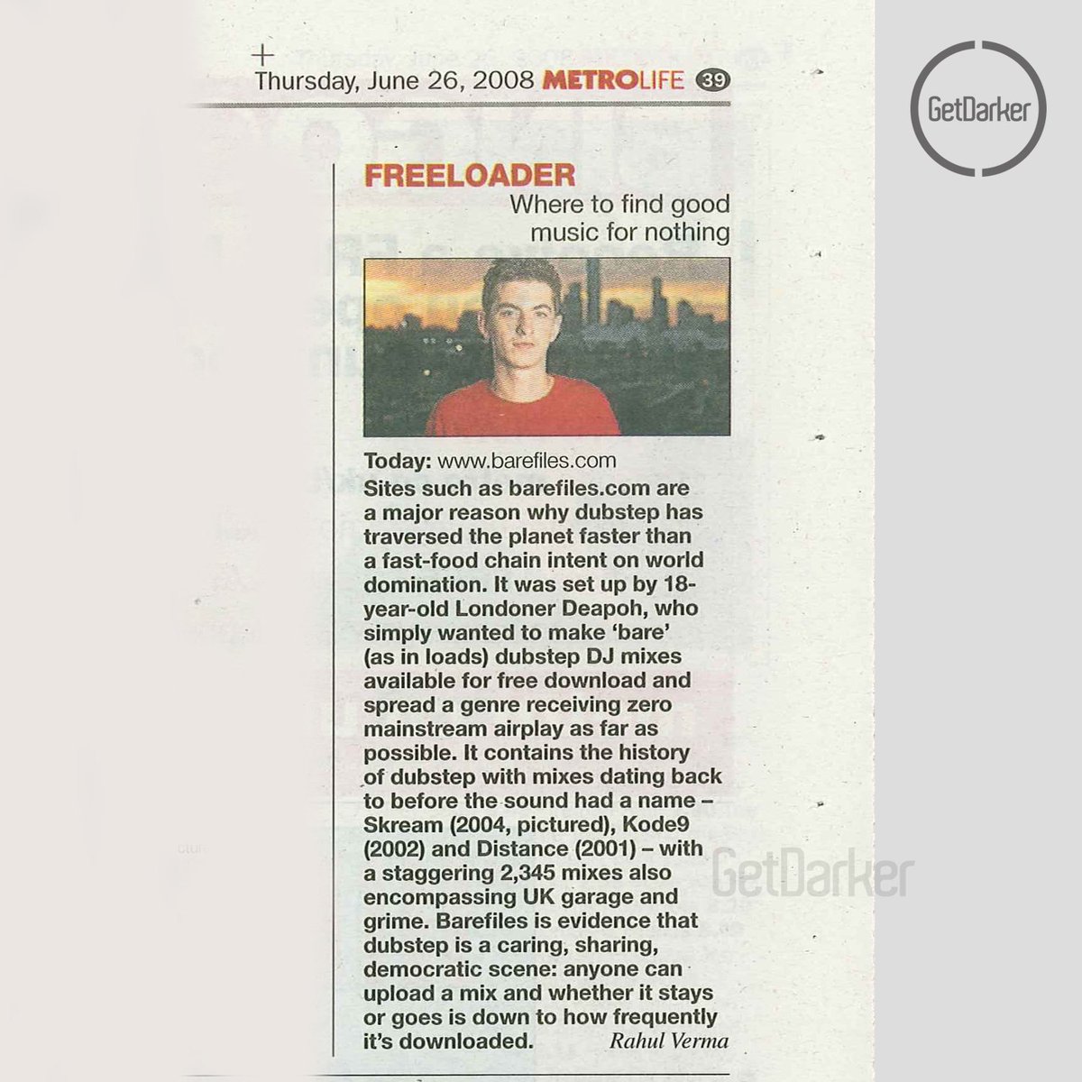 GetDarker's tweet photo. Newspaper cutting from 2008. "Where to find good music for nothing" – 
Bare Files [Metro Paper] – 26.06.2008

#dubstephistory #dubstep https://t.co/UmC1WDGdXB