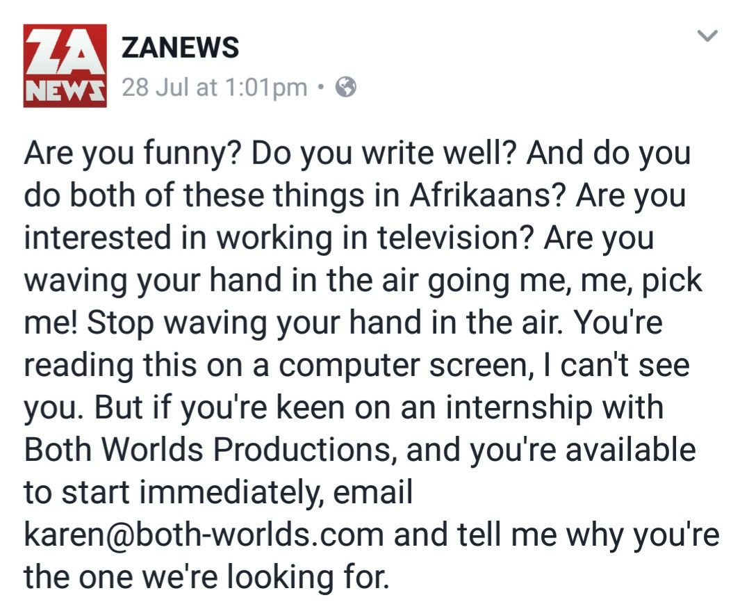 karenjeynes's tweet photo. Guys I need an intern, who speaks and writes fluent Afrikaans. Job is in Cape Town. Find me someone epic. https://t.co/nvKHy6S8Vp