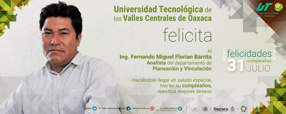 utvco's tweet photo. Felicitamos al Ing. Fernando Florean, Analista del Dpto. De Planeación y Vinculación, con motivo de su cumpleaños.
#FamiliaUTVCO
Felicidades https://t.co/0yssFIT7Ve