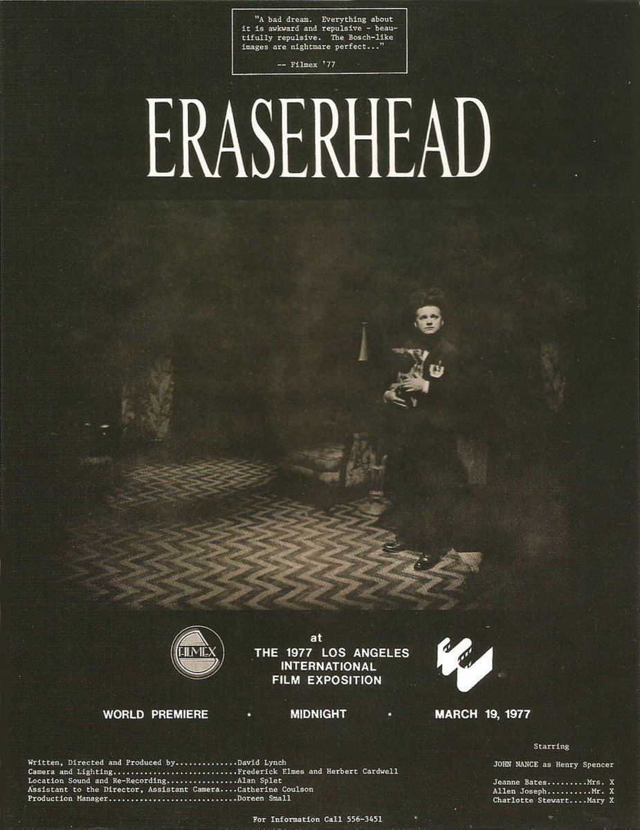 A poster for the world premiere of David Lynch's ERASERHEAD on March 19, 1977. 📽 in 35mm on 8/10 and 8/12.
