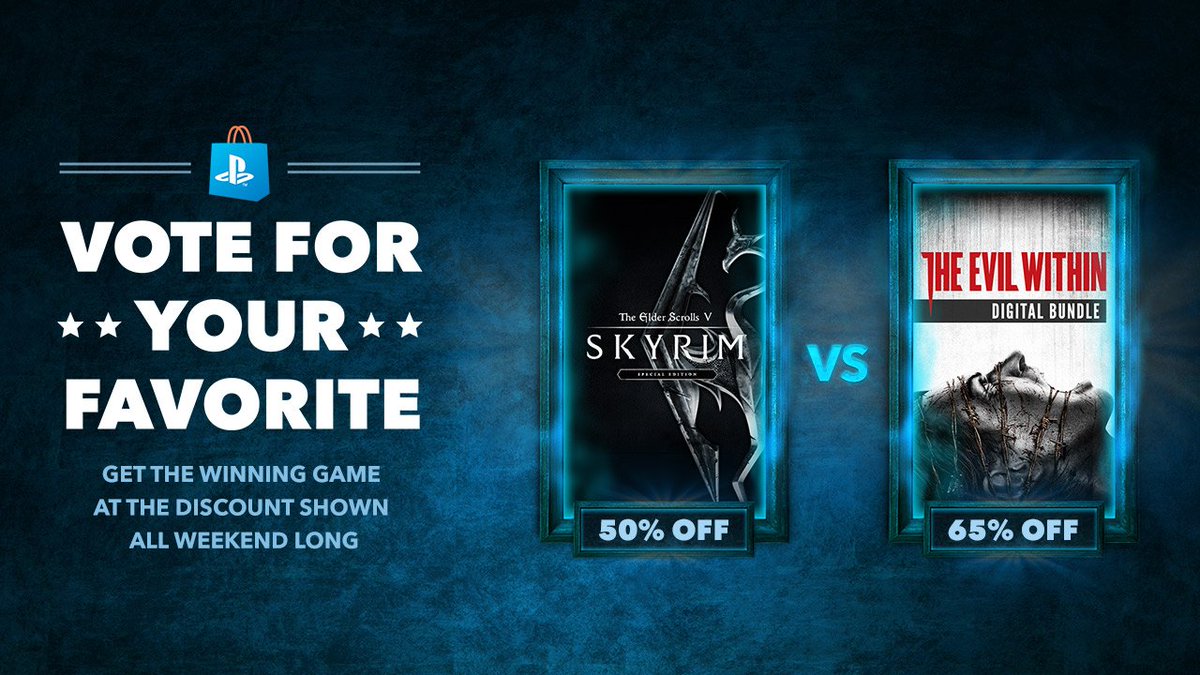 PlayStation's tweet image. Skyrim... Evil Within... Skyrim... Evil Within... gahh we can't choose! Vote now, winner goes on sale this weekend: play.st/2vbaBA0