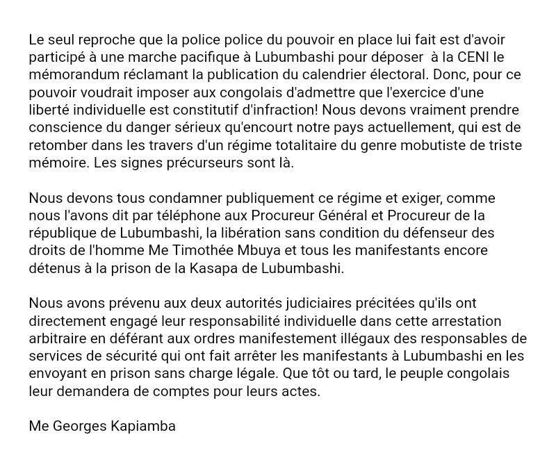 adrienseyes's tweet photo. Lettre de Me @KapiambaGeorges suite à l'arrestation et à la détention ce 31/07 à Lubumbashi de Me Timothée Mbuya de Justice ASBL https://t.co/B27AalRPgd