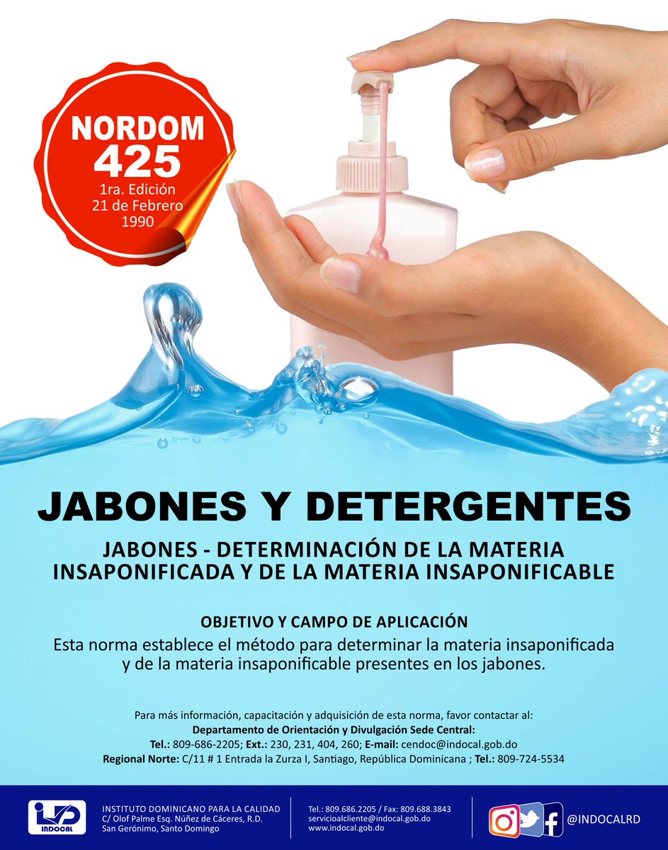 INDOCALRD's tweet photo. Nordom 425. Determinación del contenido de la materia insaponificada e insaponificable presentes en los Jabones. #normasdominicanas #calidad https://t.co/A5TS7YHiC9