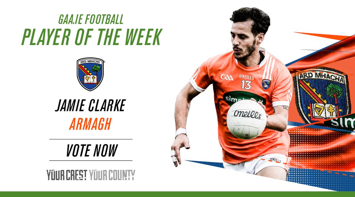 RT to vote <a href="/Armagh_GAA/">Armagh_GAA</a>'s and <a href="/crossrangers/">Crossmaglen Rangers</a>' Jamie Clarke as the latest GAA.ie Football Player of the Week! #GAA