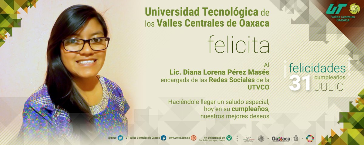 utvco's tweet photo. Felicitamos a la Lic. Diana Pérez, Encargada de las Redes Sociales de la UTVCO, con motivo de su cumpleaños.
#FamiliaUTVCO
¡Felicidades! https://t.co/fGgYqG4fjl