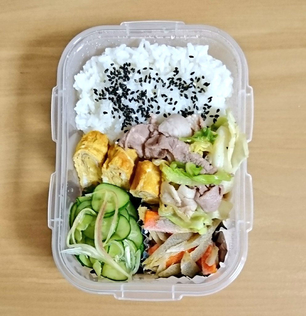 Twitter पर さち弁 今日のお弁当 豚肉とキャベツの中華炒め だし巻き玉子 きゅうりとみょうがの酢の物 きんぴらごぼう 昨日は味噌汁なんかも作ったりして W 夏バテから脱出しつつあります お腹ペコリン部 タッパー弁当 自分弁当 マイ弁当 弁当