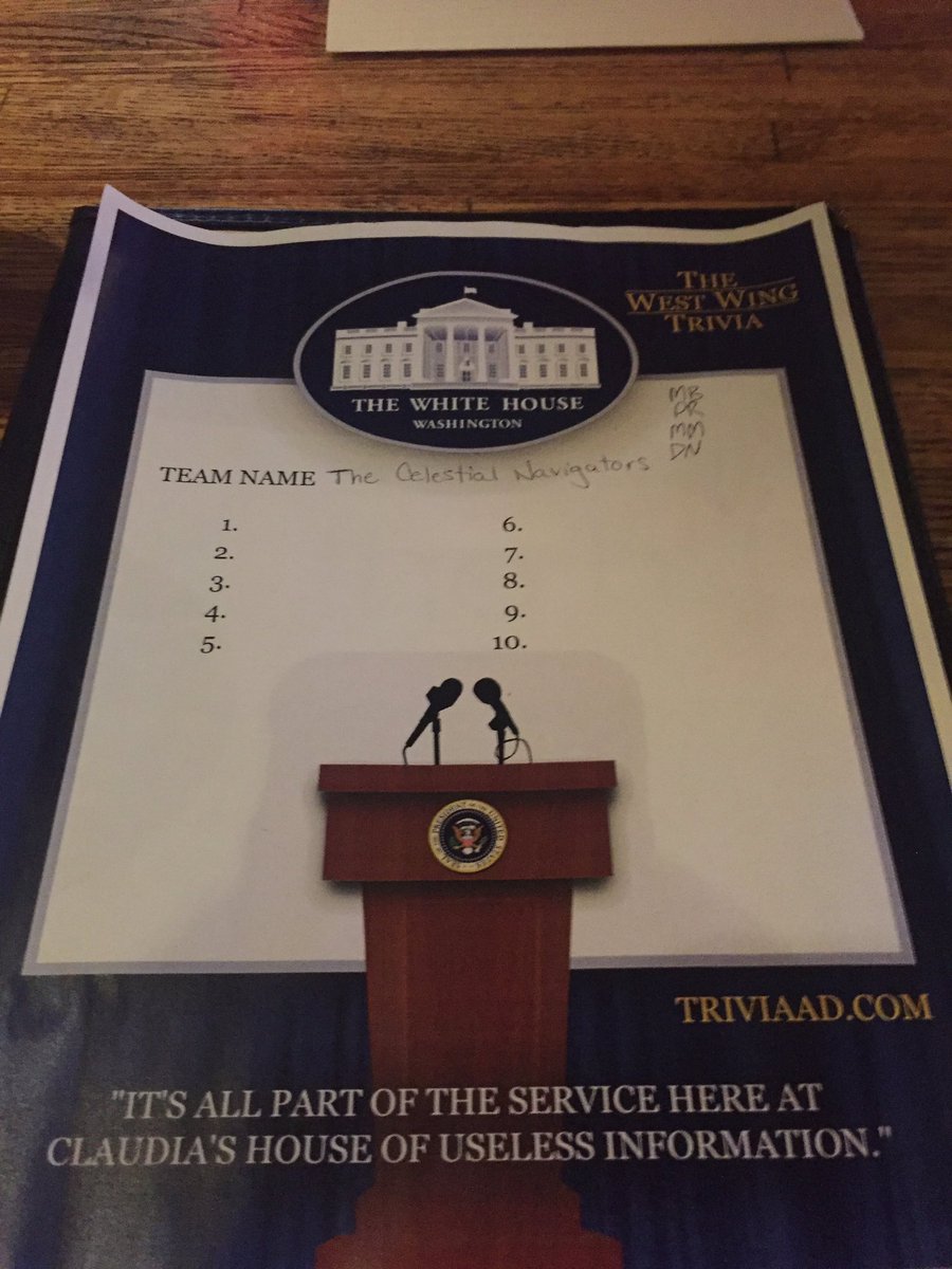 PaulsRandomness's tweet photo. Let's get it. #WestWingTrivia from @TriviaAD at The Hill. Using knowledge from @WestWingWeekly...#WhatsNext #CelestialNavigators https://t.co/W6UYa3zf4I