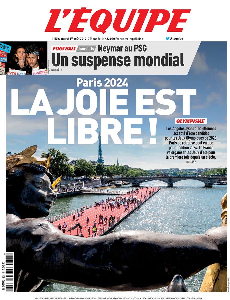 lequipe's tweet photo. Les Jeux sont faits. Paris organisera les JO en 2024. La récompense de son acharnement.

Lire le journal 👉https://t.co/CzWAYia1XV https://t.co/R0EAZH5zo7