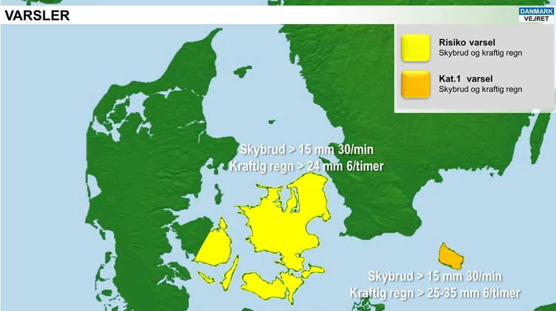 danmarkvejret's tweet image. #paspå risiko for #skybrud og kraftig #regn fra i aften og frem til onsdag morgen.