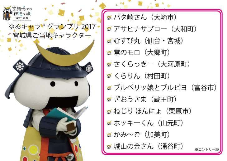 むすび丸 Di Twitter 今日からゆるキャラ グランプリ17の投票が開始ですよ ボクも含めて宮城県内からもご当地キャラクターや企業 キャラクターが参加してます ということで宮城県から参加のご当地キャラクターをまとめてみたよ 投票は11月10日 金 18 00まで