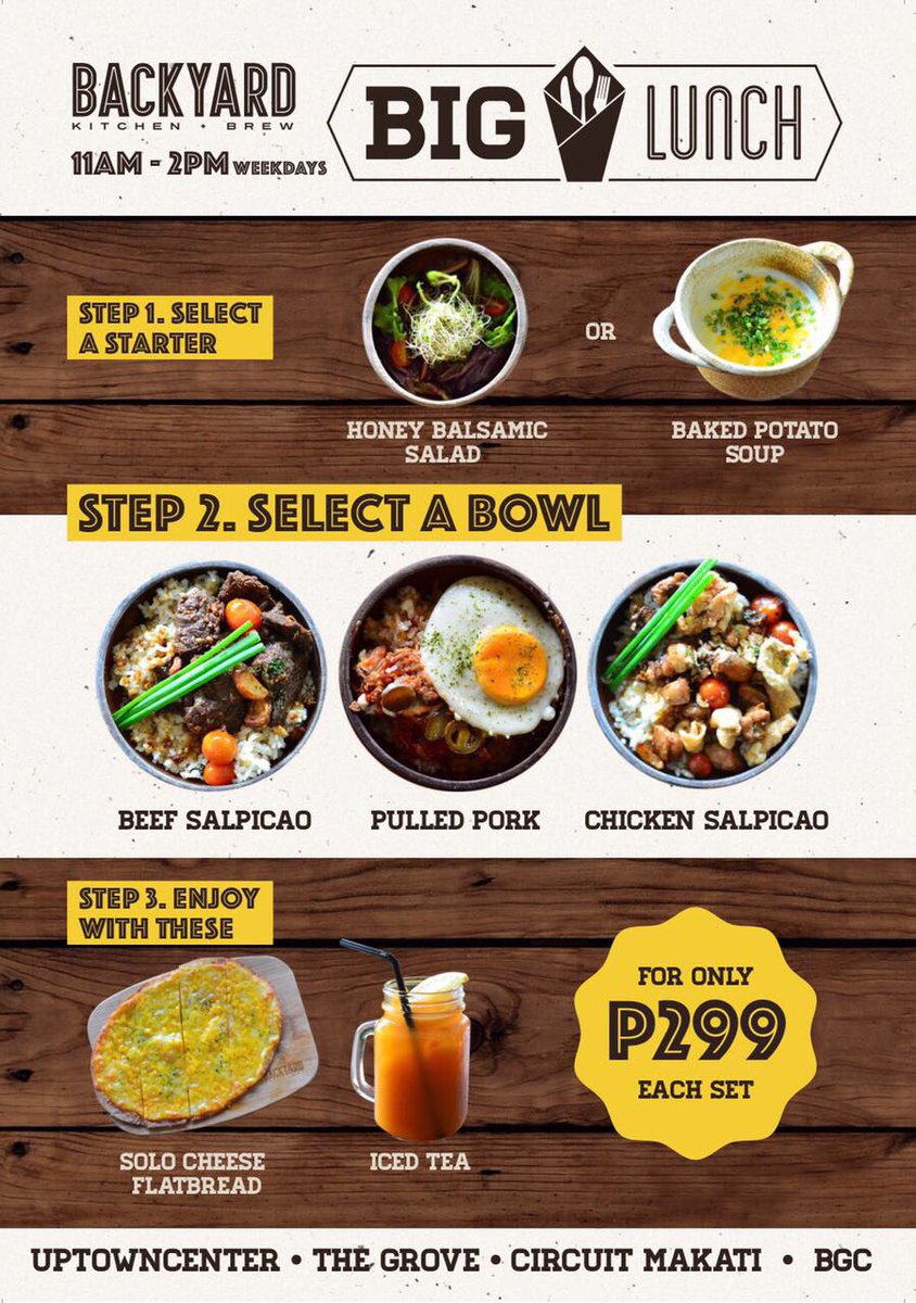 _slickrick's tweet photo. Backyard BIG LUNCH
Monday - Friday 11am-2pm
P299! @Backyard_PH #backyardBGC #backyardUPTC #backyardGROVE #backyardCIRCUIT https://t.co/CP60yzq9Rv