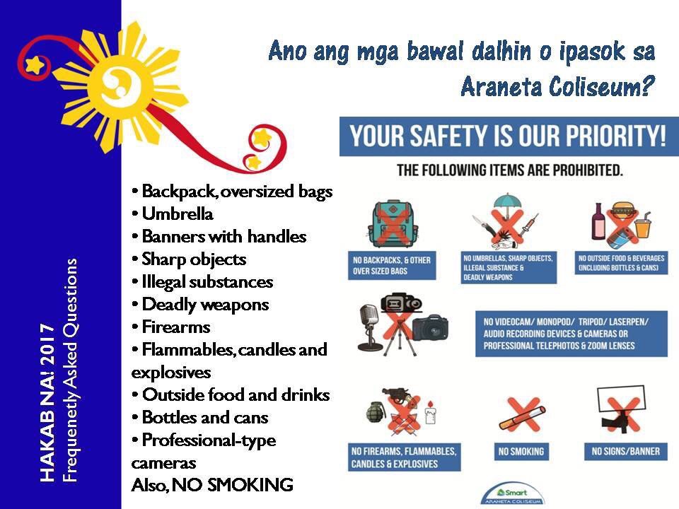 BFPinays's tweet photo. Because we want to make your Hakab Na!2017 experience safe &amp; hassle-free, pls don't bring the following. Visit our event page for more FAQs. https://t.co/z5iwhsXlRK